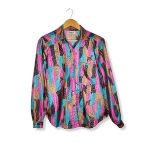 Vintage Colorful Satin Long Sleeve with Roll Tab Button Front Top Size 6